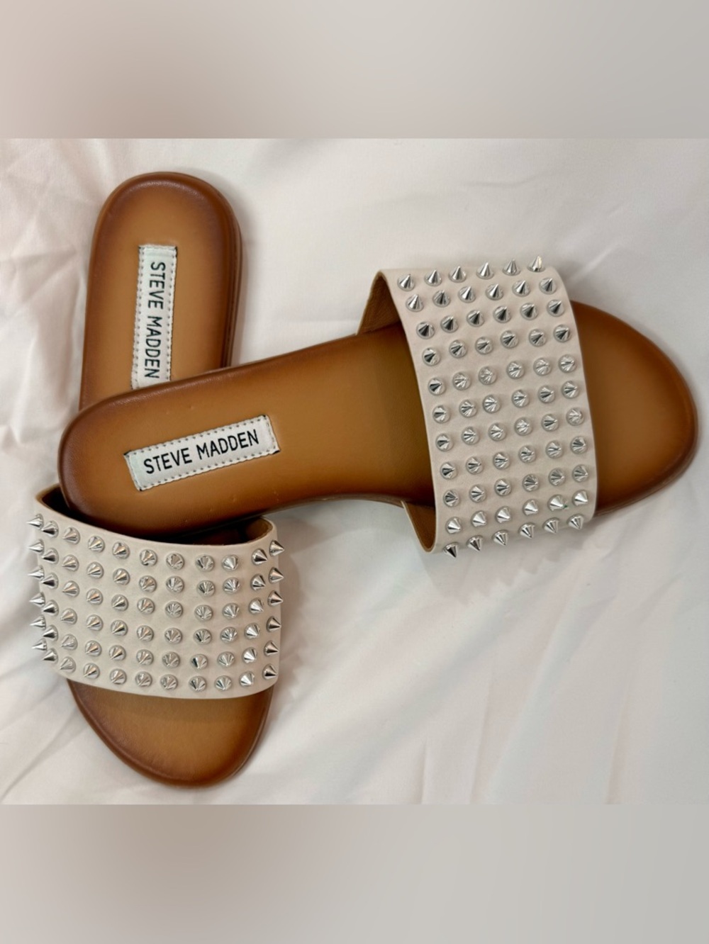 Steve Madden White Slide Sandals with Silver Studs